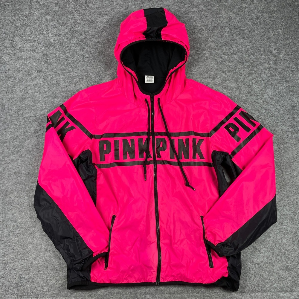 Pink Victoria's Secret Windbreaker Jacket Womens Medium Pink Black Full Zip Hood